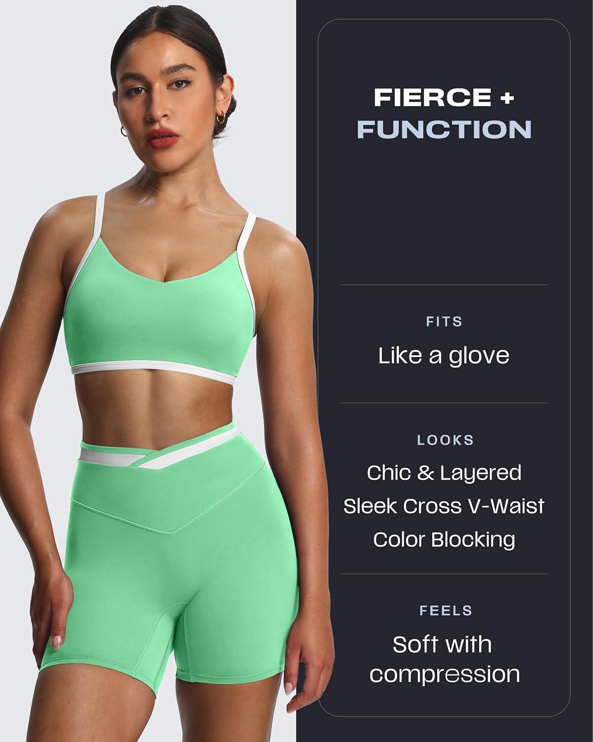 imageAoxjox Velma Workout Biker Shorts for Women Color Block CrossWaist High Waisted Exercise Gym Running Yoga Short 6quotKatydid GreenWhite