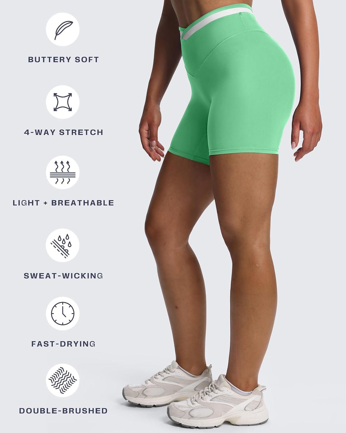 imageAoxjox Velma Workout Biker Shorts for Women Color Block CrossWaist High Waisted Exercise Gym Running Yoga Short 6quotKatydid GreenWhite