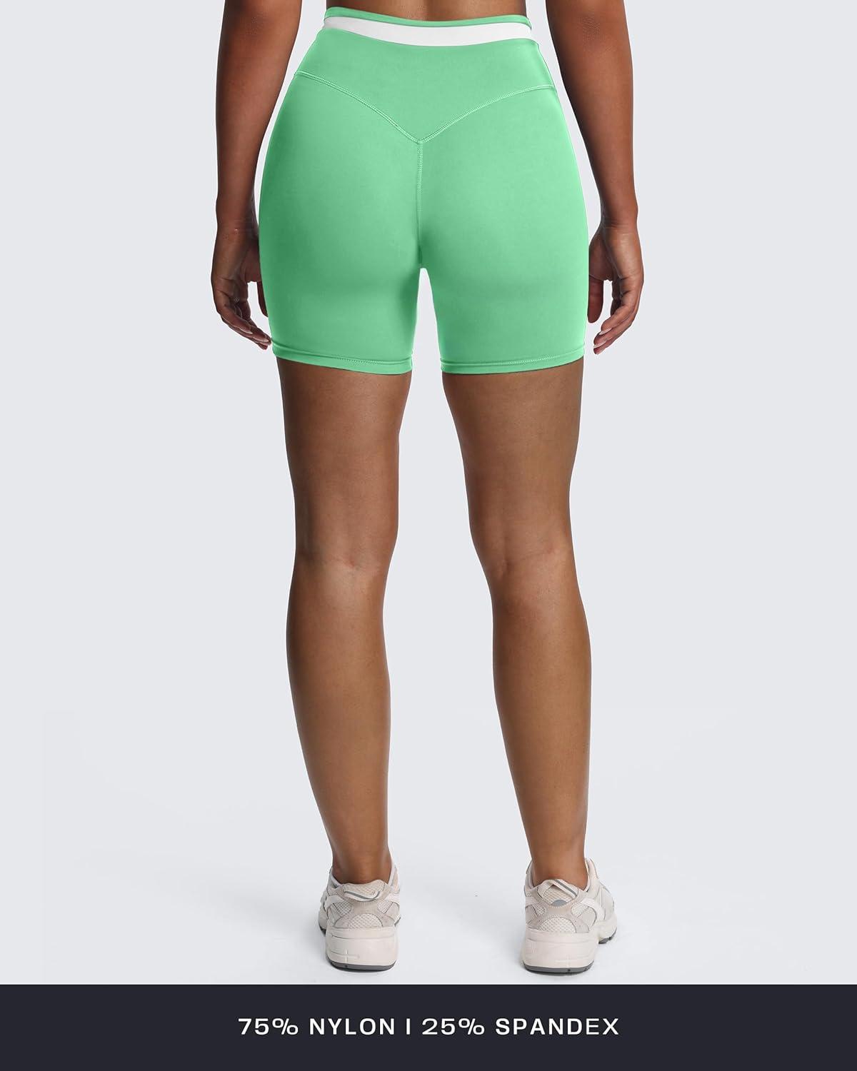 imageAoxjox Velma Workout Biker Shorts for Women Color Block CrossWaist High Waisted Exercise Gym Running Yoga Short 6quotKatydid GreenWhite