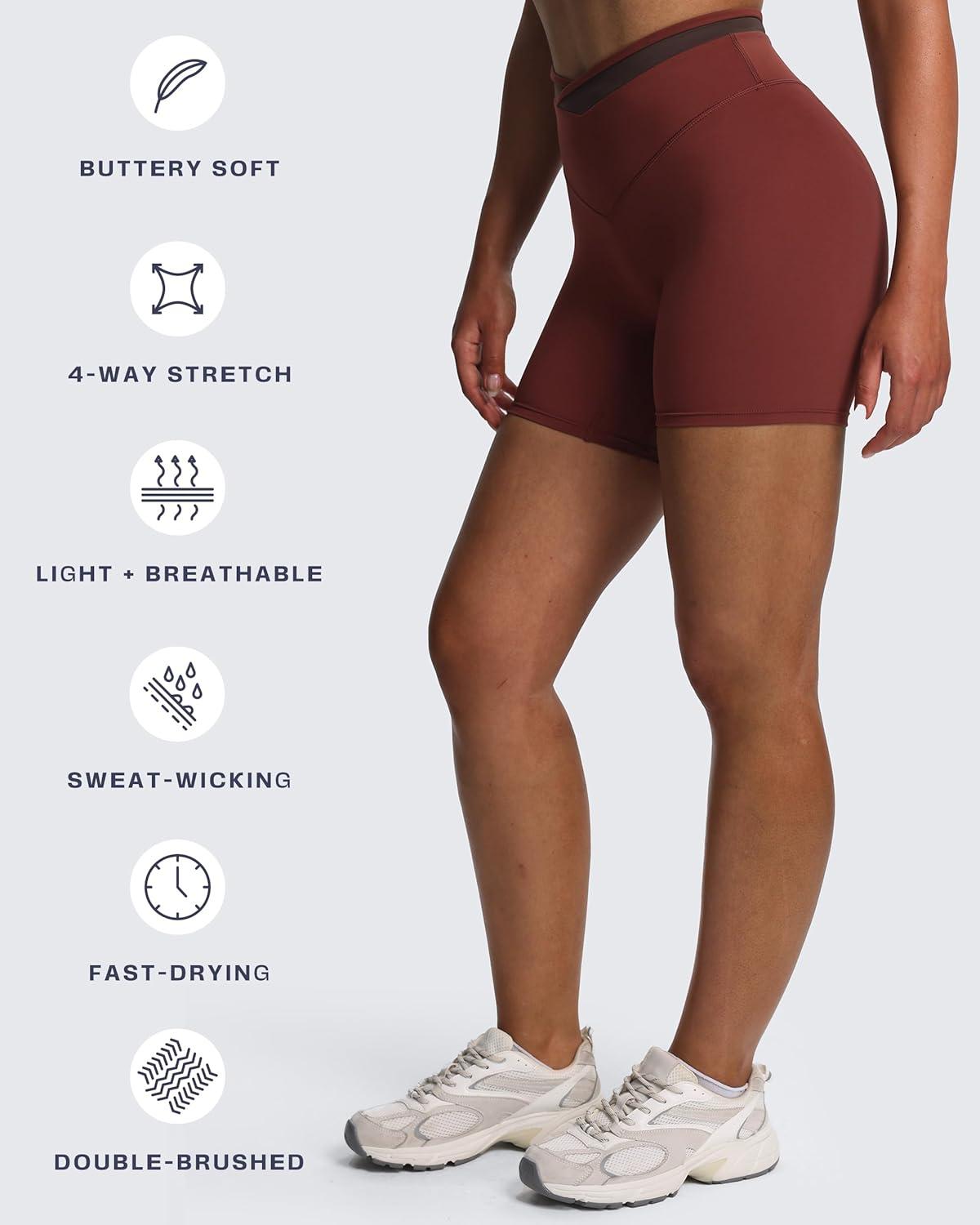 imageAoxjox Velma Workout Biker Shorts for Women Color Block CrossWaist High Waisted Exercise Gym Running Yoga Short 6quotRum RaisinMulch