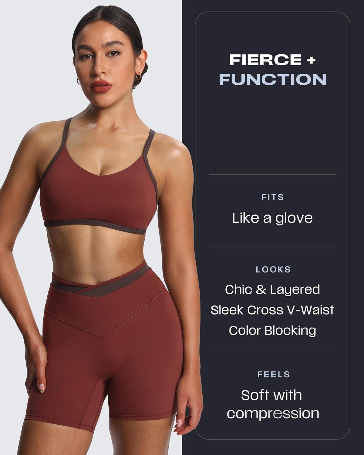 imageAoxjox Velma Workout Biker Shorts for Women Color Block CrossWaist High Waisted Exercise Gym Running Yoga Short 6quotRum RaisinMulch