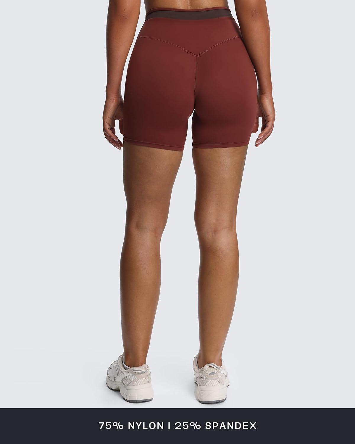 imageAoxjox Velma Workout Biker Shorts for Women Color Block CrossWaist High Waisted Exercise Gym Running Yoga Short 6quotRum RaisinMulch