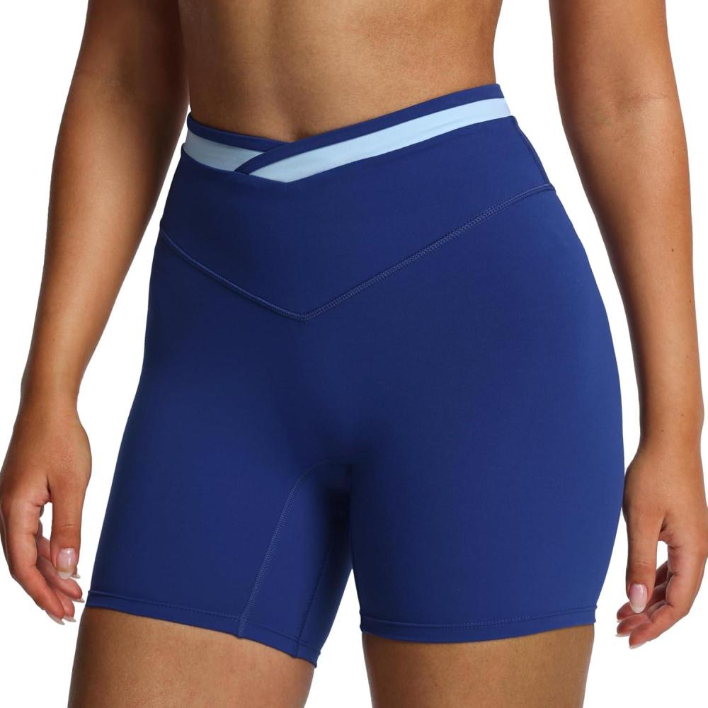 imageAoxjox Velma Workout Biker Shorts for Women Color Block CrossWaist High Waisted Exercise Gym Running Yoga Short 6quotBellwether BlueAiry Blue