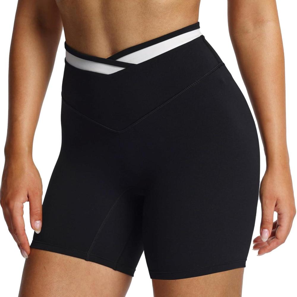 imageAoxjox Velma Workout Biker Shorts for Women Color Block CrossWaist High Waisted Exercise Gym Running Yoga Short 6quotBlackness and White