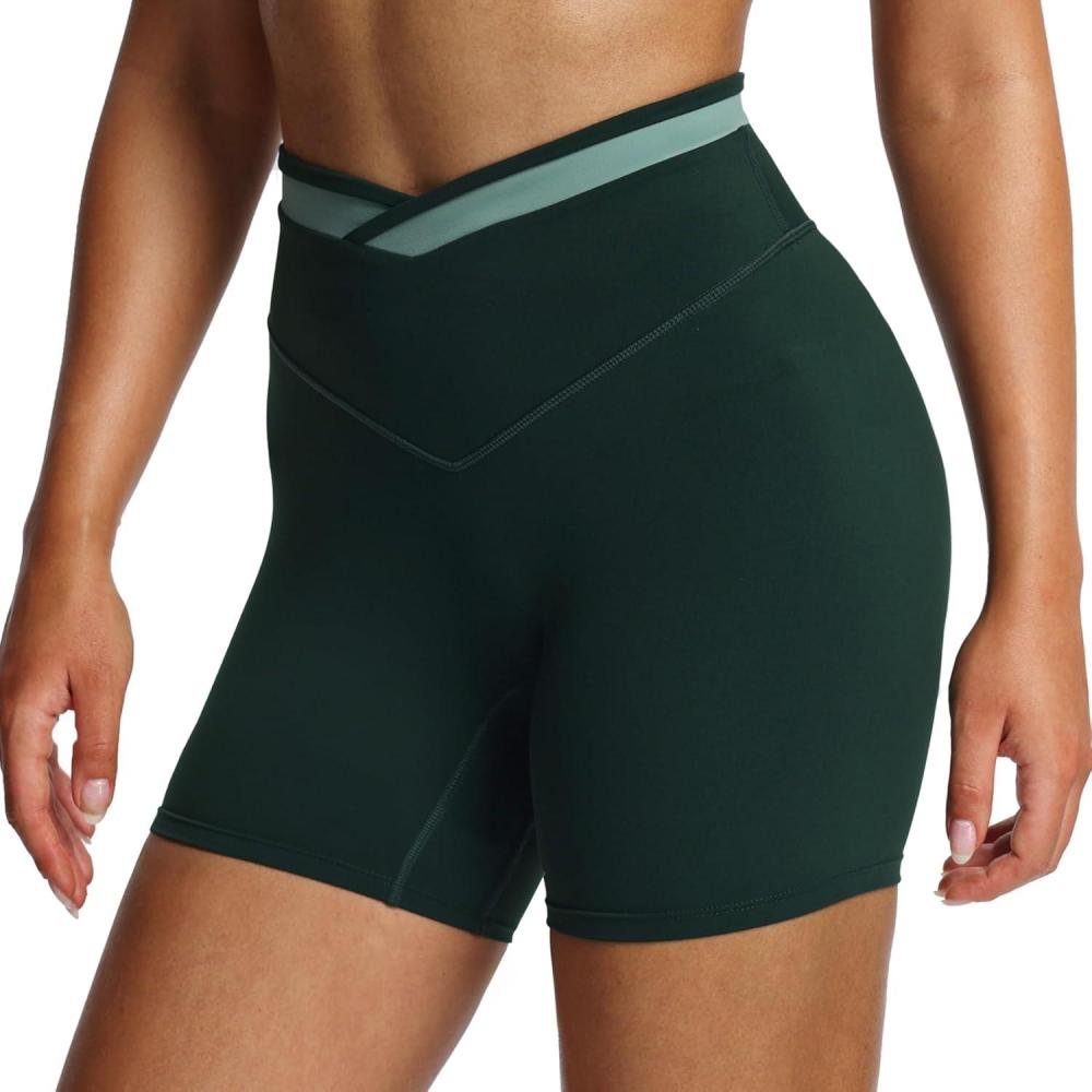 imageAoxjox Velma Workout Biker Shorts for Women Color Block CrossWaist High Waisted Exercise Gym Running Yoga Short 6quotForest GreenSage Green