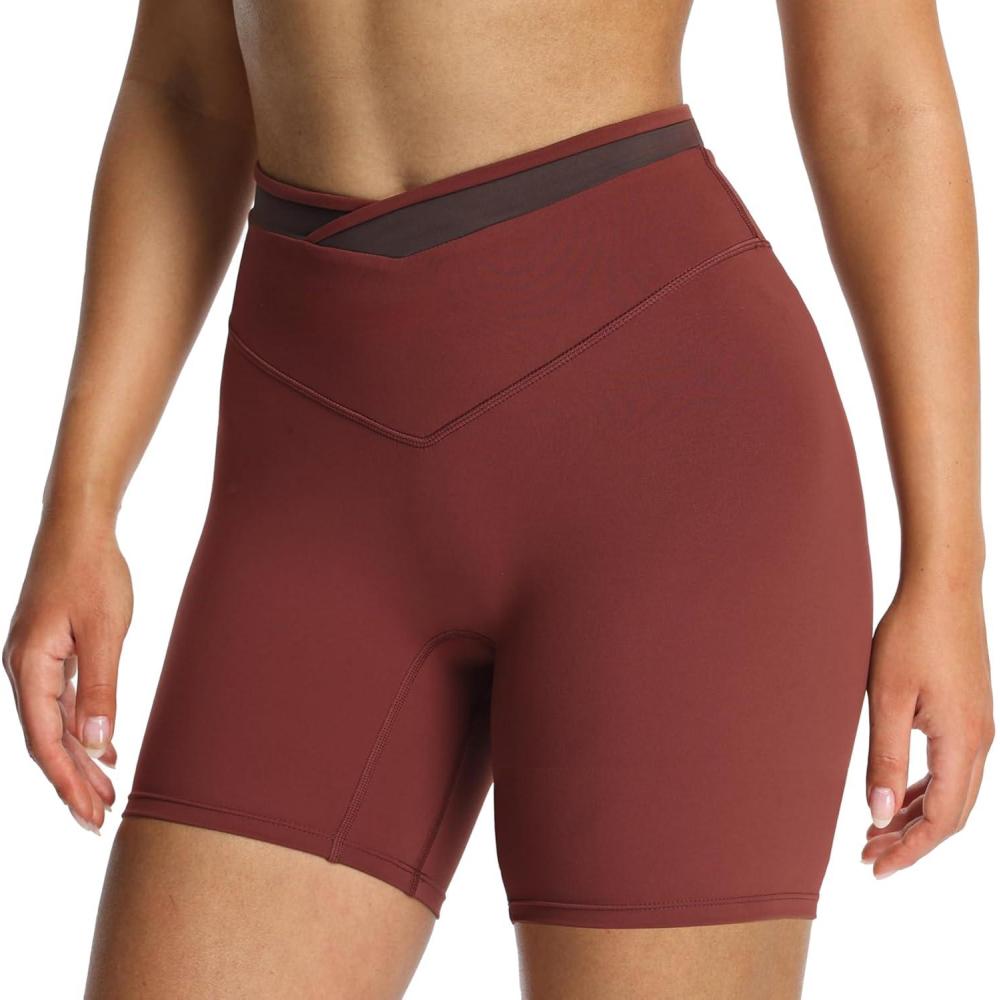 imageAoxjox Velma Workout Biker Shorts for Women Color Block CrossWaist High Waisted Exercise Gym Running Yoga Short 6quotRum RaisinMulch