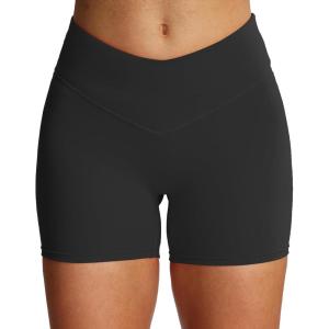 imageAoxjox Vanity Workout Biker Shorts for Women V Waist Tummy Control High Waisted Hidden Scrunch Running Yoga Short 45quotBlack