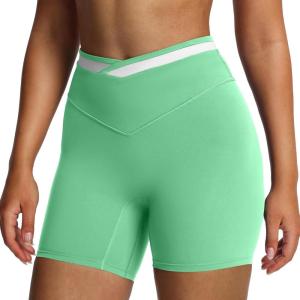 imageAoxjox Velma Workout Biker Shorts for Women Color Block CrossWaist High Waisted Exercise Gym Running Yoga Short 6quotKatydid GreenWhite