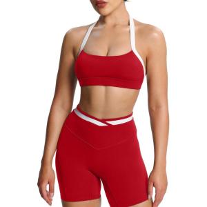 imageAoxjox Womens Color Block Halter Workout Sports Bras Fitness Athletic Vanessa Bra Yoga Crop TankRacing RedWhite