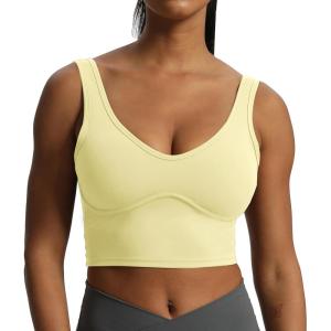 imageAoxjox Womens Workout Brooke Tank Crop Curve Longline Fitness Sports Bras Training Gym Bra YogaPastel Yellow