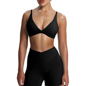 imageAoxjox Womens Workout Deep V Adjustable Sport Bras Fitness Serena Bra Yoga Crop TankBlack