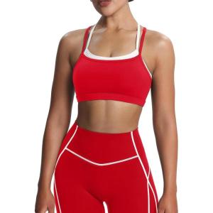 imageAoxjox Womens Workout Sports Bras Takes Two Bra High Impact Training Fitness Running Yoga Crop TankRacing RedWhite