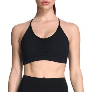 imageAoxjox Sports Bras for Women Workout Fitness Ruched Training Baddie Cross Back Yoga Crop TankA Black