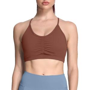 imageAoxjox Sports Bras for Women Workout Fitness Ruched Training Baddie Cross Back Yoga Crop TankDandelion Brown