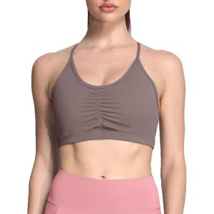 imageAoxjox Sports Bras for Women Workout Fitness Ruched Training Baddie Cross Back Yoga Crop TankFudge Coffee