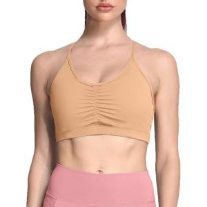 imageAoxjox Sports Bras for Women Workout Fitness Ruched Training Baddie Cross Back Yoga Crop TankLight Brown