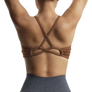 imageAoxjox Womens Workout Sports Bras Fitness Molly Cross Back Ruched Bra Yoga Crop TankDandelion Brown