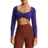 imageAoxjox Long Sleeve Crop Tops for Women Sweetheart Neck Ruched Violet Workout Gym Cropped T Shirt TopMulberry Purple
