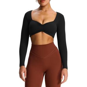imageAoxjox Long Sleeve Crop Tops for Women Sweetheart Neck Ruched Violet Workout Gym Cropped T Shirt TopBlack