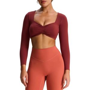 imageAoxjox Long Sleeve Crop Tops for Women Sweetheart Neck Ruched Violet Workout Gym Cropped T Shirt TopBurgundy