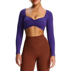 imageAoxjox Long Sleeve Crop Tops for Women Sweetheart Neck Ruched Violet Workout Gym Cropped T Shirt TopMulberry Purple