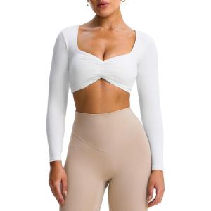 imageAoxjox Long Sleeve Crop Tops for Women Sweetheart Neck Ruched Violet Workout Gym Cropped T Shirt TopWhite