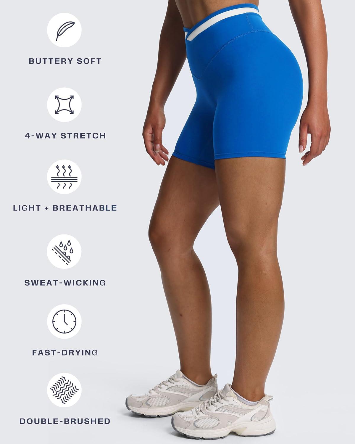 imageAoxjox Velma Workout Biker Shorts for Women Color Block CrossWaist High Waisted Exercise Gym Running Yoga Short 6quotDirectoire BlueWhite