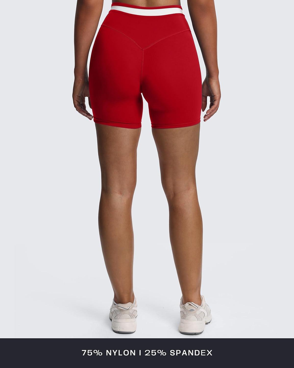 imageAoxjox Velma Workout Biker Shorts for Women Color Block CrossWaist High Waisted Exercise Gym Running Yoga Short 6quotRacing RedWhite