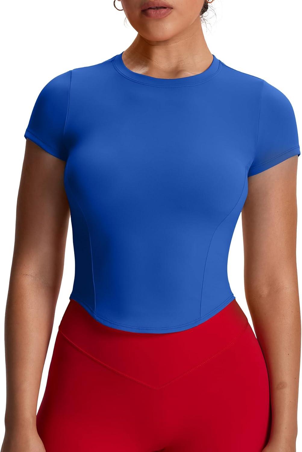 imageAoxjox Womens Short Sleeve TShirts GEO Baby Tee Workout Gym Yoga Crop TopDirectoire Blue