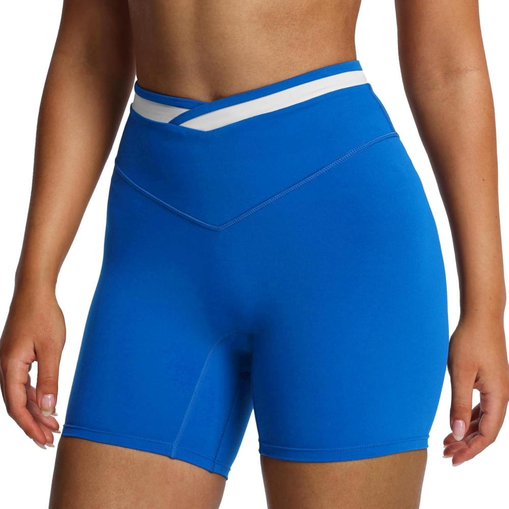 imageAoxjox Velma Workout Biker Shorts for Women Color Block CrossWaist High Waisted Exercise Gym Running Yoga Short 6quotDirectoire BlueWhite