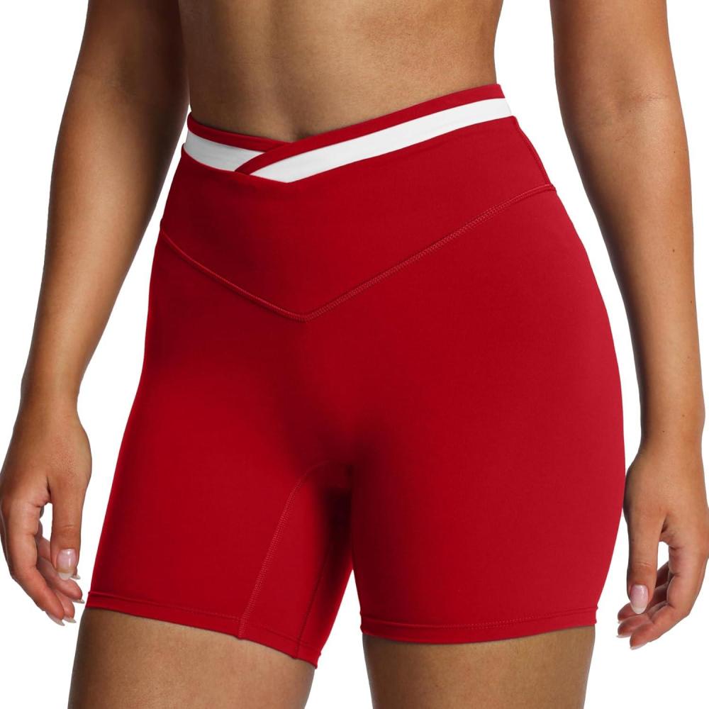 imageAoxjox Velma Workout Biker Shorts for Women Color Block CrossWaist High Waisted Exercise Gym Running Yoga Short 6quotRacing RedWhite