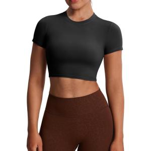 imageAoxjox Short Sleeve Crop Tops for Women Classic Longline Baby Tee Workout T Shirt TopBlack