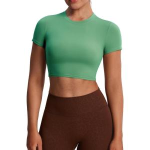 imageAoxjox Short Sleeve Crop Tops for Women Classic Longline Baby Tee Workout T Shirt TopBottle Green