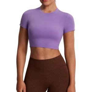 imageAoxjox Short Sleeve Crop Tops for Women Classic Longline Baby Tee Workout T Shirt TopChive Blossom