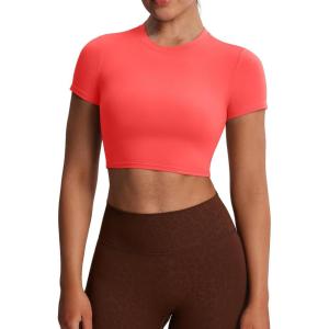 imageAoxjox Short Sleeve Crop Tops for Women Classic Longline Baby Tee Workout T Shirt TopFiery Coral