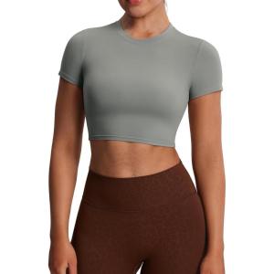 imageAoxjox Short Sleeve Crop Tops for Women Classic Longline Baby Tee Workout T Shirt TopGrey