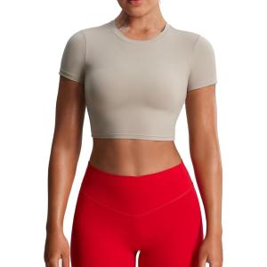 imageAoxjox Short Sleeve Crop Tops for Women Classic Longline Baby Tee Workout T Shirt TopMink