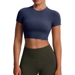 imageAoxjox Short Sleeve Crop Tops for Women Classic Longline Baby Tee Workout T Shirt TopNavy