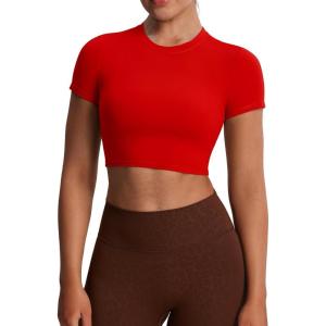 imageAoxjox Short Sleeve Crop Tops for Women Classic Longline Baby Tee Workout T Shirt TopRacing Red