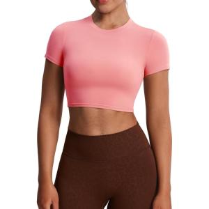 imageAoxjox Short Sleeve Crop Tops for Women Classic Longline Baby Tee Workout T Shirt TopSalmon Rose