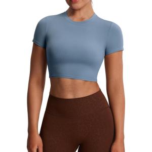 imageAoxjox Short Sleeve Crop Tops for Women Classic Longline Baby Tee Workout T Shirt TopSteel Blue