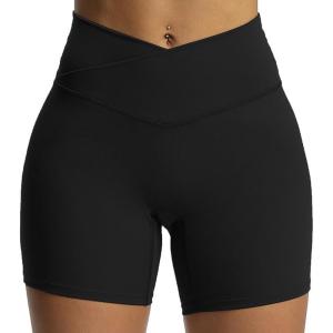 imageAoxjox Trinity Workout Biker Shorts for Women CrossWaist Crossover High Waisted Tummy Control Athletic Running Yoga Short 6quotBlack