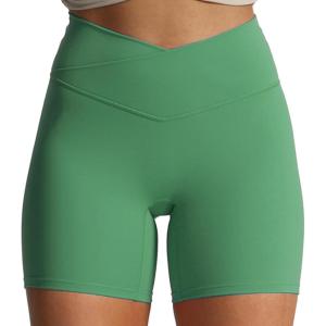imageAoxjox Trinity Workout Biker Shorts for Women CrossWaist Crossover High Waisted Tummy Control Athletic Running Yoga Short 6quotBottle Green