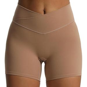 imageAoxjox Trinity Workout Biker Shorts for Women CrossWaist Crossover High Waisted Tummy Control Athletic Running Yoga Short 6quotBrownie