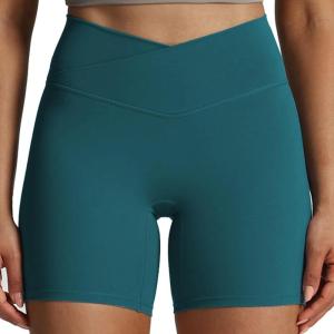 imageAoxjox Trinity Workout Biker Shorts for Women CrossWaist Crossover High Waisted Tummy Control Athletic Running Yoga Short 6quotDeep Lagoon