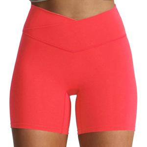 imageAoxjox Trinity Workout Biker Shorts for Women CrossWaist Crossover High Waisted Tummy Control Athletic Running Yoga Short 6quotFiery Coral