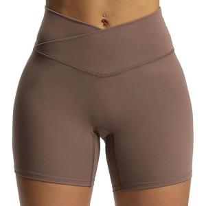 imageAoxjox Trinity Workout Biker Shorts for Women CrossWaist Crossover High Waisted Tummy Control Athletic Running Yoga Short 6quotFudge Coffee