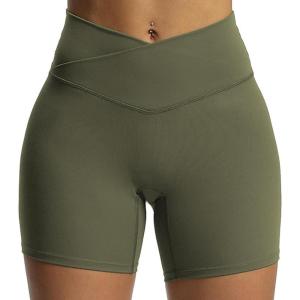 imageAoxjox Trinity Workout Biker Shorts for Women CrossWaist Crossover High Waisted Tummy Control Athletic Running Yoga Short 6quotOlive Green