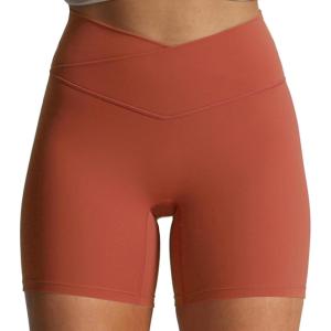imageAoxjox Trinity Workout Biker Shorts for Women CrossWaist Crossover High Waisted Tummy Control Athletic Running Yoga Short 6quotRust Red