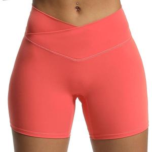 imageAoxjox Trinity Workout Biker Shorts for Women CrossWaist Crossover High Waisted Tummy Control Athletic Running Yoga Short 6quotSpiced Coral